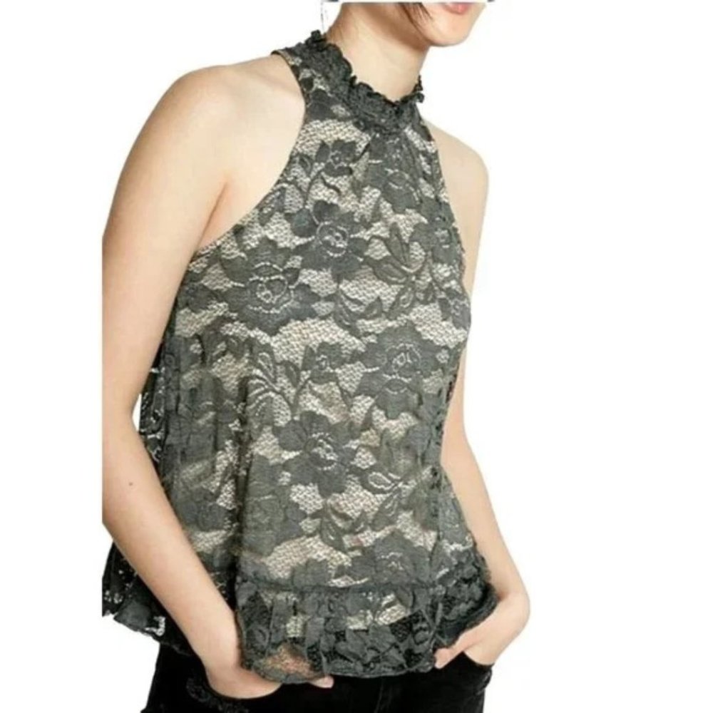 EXPRESS | Olive Green Lace Ruffle High Neck Sleeveless Peplum Blouse | Size L